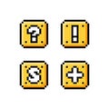 Pixel art 8 bit icon set - yellow golden box with question mark, exclamation mark, letter S and plus sign - isolated Royalty Free Stock Photo