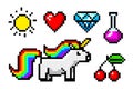 Pixel art 8 bit objects. Character unicorn and trophy. Retro game assets. Set of icons. vintage computer video arcades Royalty Free Stock Photo