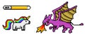 Pixel art 8 bit objects. Dinosaur pony rainbow unicorn and dragon. Retro game assets. Set of icons. vintage computer Royalty Free Stock Photo