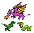 Pixel art 8 bit objects. Dinosaur Snake Dragon. Retro game assets. Set of icons. Vintage computer video arcades. Vector Royalty Free Stock Photo