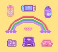 Pixel art 8 bit objects. Retro digital game assets. Set of Pink fashion icons. Vintage girly stickers. Arcade Computer