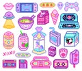 Pixel art 8 bit objects. Retro digital game assets. Set of Pink fashion icons. Vintage girly stickers. Arcade Computer Royalty Free Stock Photo