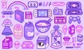 Pixel art 8 bit objects. Retro digital game assets. Set of Pink fashion icons. Vintage girly stickers. Arcade Computer Royalty Free Stock Photo