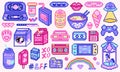 Pixel art 8 bit objects. Retro digital game assets. Set of Pink fashion icons. Vintage girly stickers. Arcade Computer Royalty Free Stock Photo