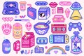 Pixel art 8 bit objects. Retro digital game assets. Set of Pink fashion icons. Vintage girly stickers. Arcade Computer