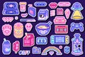 Pixel art 8 bit objects. Retro digital game assets. Set of Pink fashion icons. Vintage girly stickers. Arcade Computer Royalty Free Stock Photo