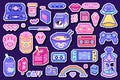 Pixel art 8 bit objects. Retro digital game assets. Set of Pink fashion icons. Vintage girly stickers. Arcade Computer