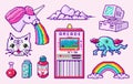 Pixel art 8 bit objects. Character Pony Cloud Rainbow Unicorn. Retro digital game assets. Pink fashion icons. Vintage Royalty Free Stock Photo