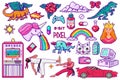 Pixel art 8 bit objects. Retro digital game assets. Set of Pink fashion icons. Vintage girly stickers. Arcades Computer