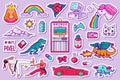 Pixel art 8 bit objects. Retro digital game assets. Set of Pink fashion icons. Vintage girly stickers. Arcades Computer Royalty Free Stock Photo