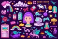 Pixel art 8 bit objects. Retro digital game assets. Set of Pink fashion icons. Vintage stickers for girl. Arcades
