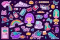 Pixel art 8 bit objects. Retro digital game assets. Set of Pink fashion icons. Vintage stickers for girl. Arcades Royalty Free Stock Photo