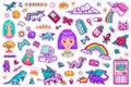 Pixel art 8 bit objects. Retro digital game assets. Set of Pink fashion icons. Vintage stickers for girl. Arcades Royalty Free Stock Photo