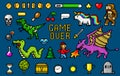 Pixel art 8 bit objects. Retro game assets. Set of icons. vintage computer video arcades. characters dinosaur pony Royalty Free Stock Photo