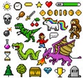 Pixel art 8 bit objects. Retro game assets. Set of icons. vintage computer video arcades. characters dinosaur pony Royalty Free Stock Photo