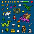 Pixel art 8 bit objects. Retro game assets. Set of icons. Vintage computer video arcades. Characters dinosaur pony Royalty Free Stock Photo