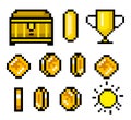 Pixel art 8 bit objects. Retro game assets. Set of icons. vintage computer video arcades. Coins and trophy. vector Royalty Free Stock Photo