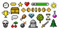 Pixel art 8 bit objects. Retro game assets. Set of icons. Vintage computer video arcades. Coins and Winner`s trophy