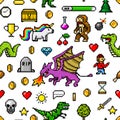 Pixel art 8 bit objects Seamless pattern. Retro game assets. Set of icons. Vintage computer video arcades. Characters Royalty Free Stock Photo