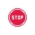 Pixel art 8-bit simple red stop traffic sign icon - isolated vector illustration