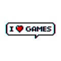 Pixel art 8-bit speech bubble saying i love games with heart icon - isolated vector illustration