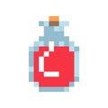Pixel art bottles with different potions on white. Vector icon