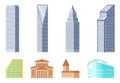 Pixel art buildings set. Pixelated houses for games icons, skyscrapers and office constructions