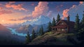 Pixel Art Cabin Overlooking Mountain Scenery At Sunset