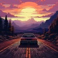 Pixel Art Car Traveling Down Mountain Road At Sunset