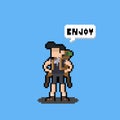 Pixel art cartoon backpacker character design saying `enjoy`.