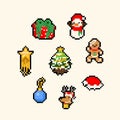 Pixel art cartoon cute christmas icon set. Royalty Free Stock Photo