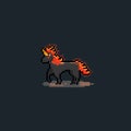 Pixel art cartoon dark fire unicorn character.