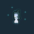 Pixel art cartoon little ghost girl holding the white flower.