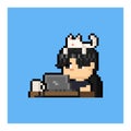 Pixel art cartoon man working at home with white cat on his head.