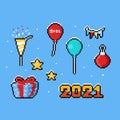 Pixel art cartoon 2021 new year element set. Royalty Free Stock Photo