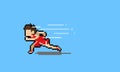 Pixel art cartoon runner character with wind effect.