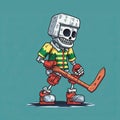 Pixel Art Cartoon Skeleton Playing Hockey In Minimalistic Surrealism Style