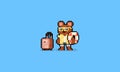 Pixel art cartoon summer brown bear character with luggage.8bit.