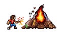 Pixel Art Character Stoking Campfire in Wilderness, vector design Generative AI Royalty Free Stock Photo