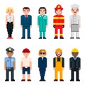 Pixel art characters avatar set. Professions pixel art people isolated design. Policeman, Doctor, Businessman, Chef