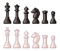 Pixel art chess figures. Pixelated illustration of chessmen collection isolated on white background. Retro 8 bit pixel Royalty Free Stock Photo