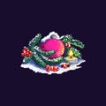 Pixel art. Christmas ball with a candle, fir trees, and holly berries. Christmas and new year composition.