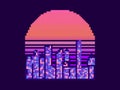Pixel art city at sunset. 8 bit cityscape on the pixel sun. 80s synthwave and retrowave. Retro 8-bit video game