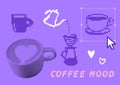 Pixel art coffee collage set, halftone and 8bit elements, computer interface, pour over coffee jug, hearts icon at