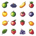 Pixel art collection of fruits including apples, strawberries, grapes, and bananas. The fruits are arranged in a grid