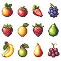 Pixel art collection of fruits including apples, strawberries, grapes, and bananas. The fruits are arranged in a grid