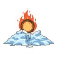 Pixel Art Composition of Ring Engulfed in Fire Atop Melting Ice Pile On White Royalty Free Stock Photo