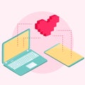 Pixel art computer and love message. Online love communication using laptop, valentines day email