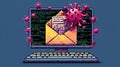 Pixel art concept of a computer virus attack via email, with red virus icons and code on screen symbolizing cyber threats Royalty Free Stock Photo