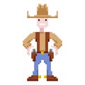 Pixel art cowboy holding a gun. Gunslinger vector illustration